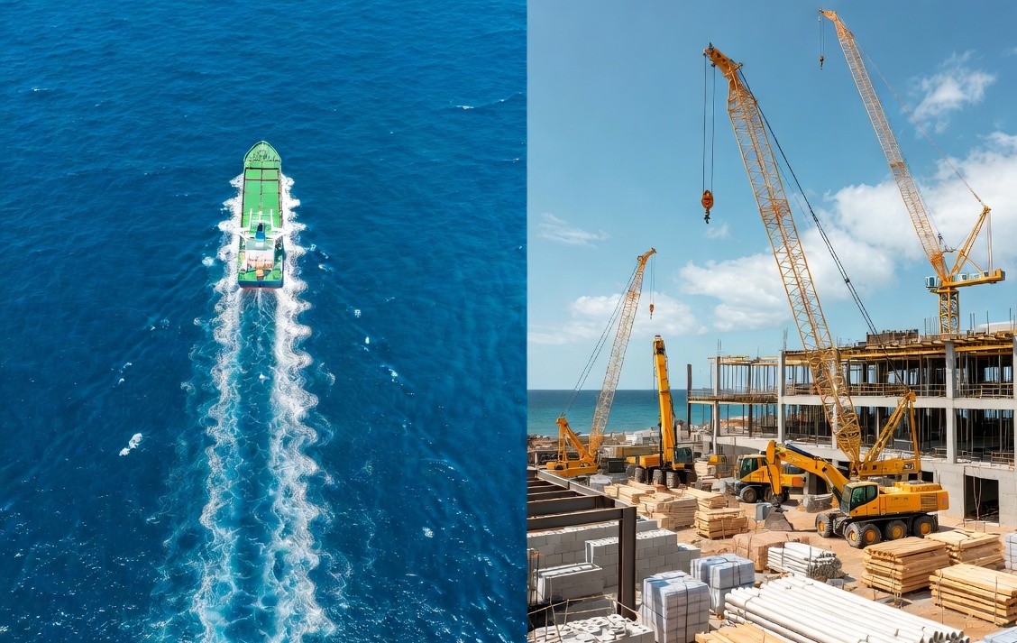 A cargo ship at sea beside a building site with cranes